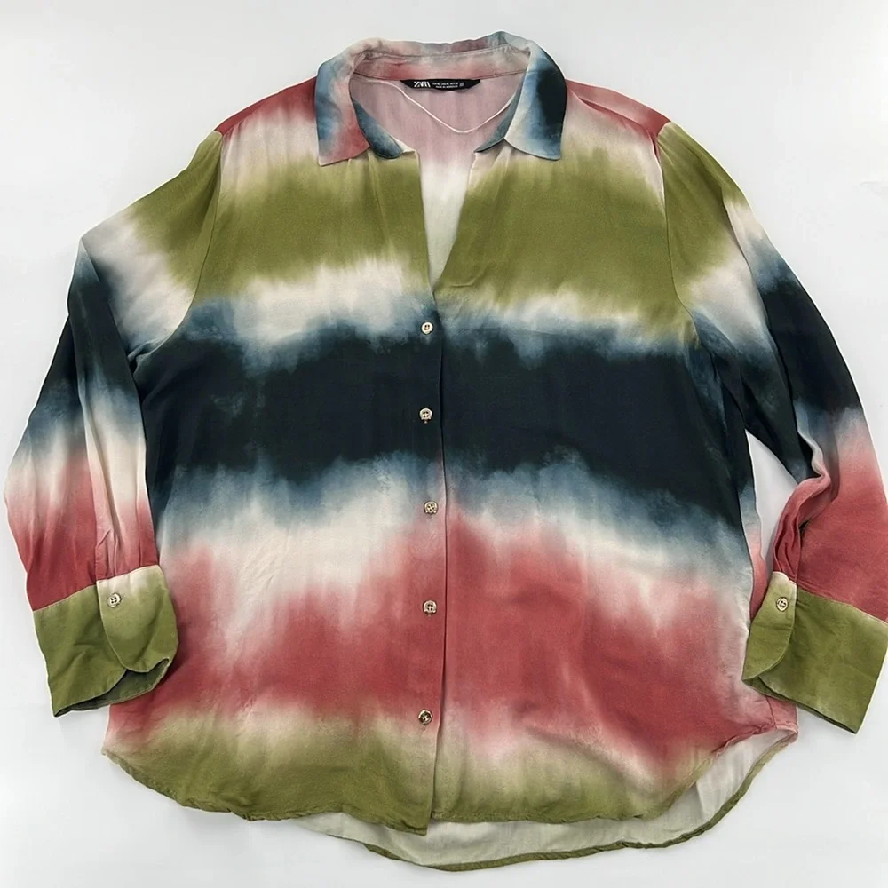 Zara womens Multicolor Tie-Dye dopamine viscose Shirt XL - Picture 3 of 8